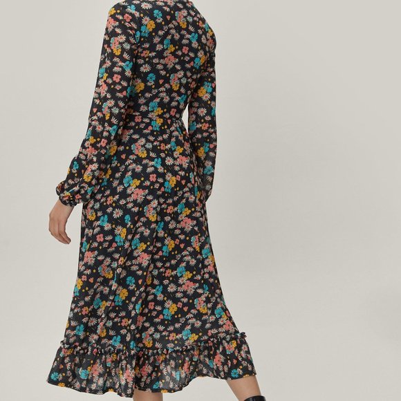 NWT Nasty Gal Floral Print Maxi Mid Smock Long Sleeves Women Cool Vibes Dress - Picture 7 of 9